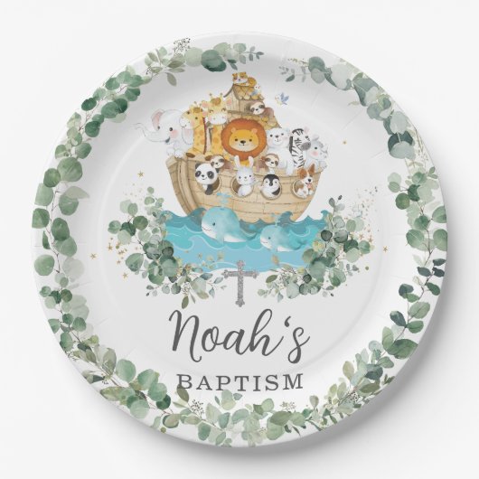 Chic Noah's Ark Greenery Baptism Christening Papieren Bordje (Voorkant)