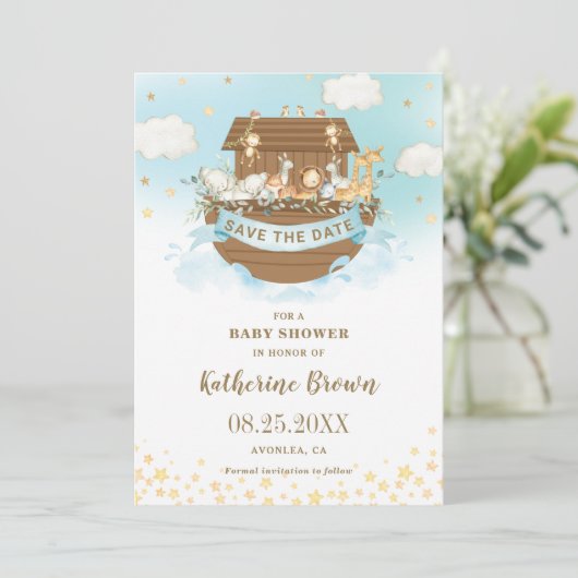 Chic Noah's Ark Leuke Dieren Jongen Baby shower Save The Date (Staand voorkant)