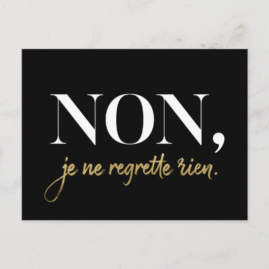Chic Non Je Ne Regrette Rien Quote Black & Gold Feestdagenkaart (Voorkant)
