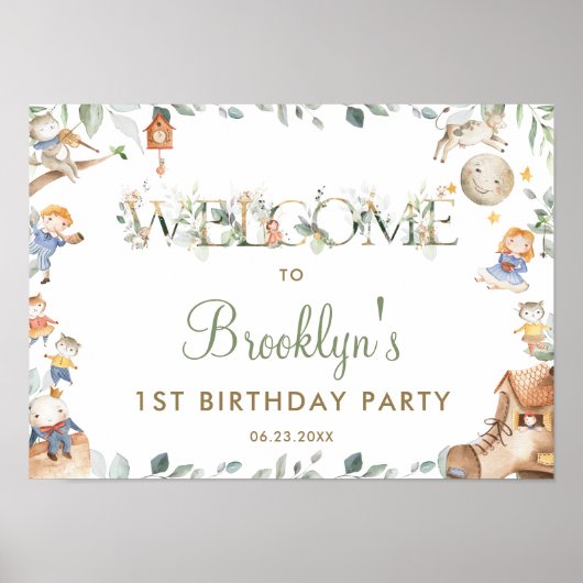 Chic Nursery Rhyme Greenery 1st Birthday Welkom Poster (Voorkant)