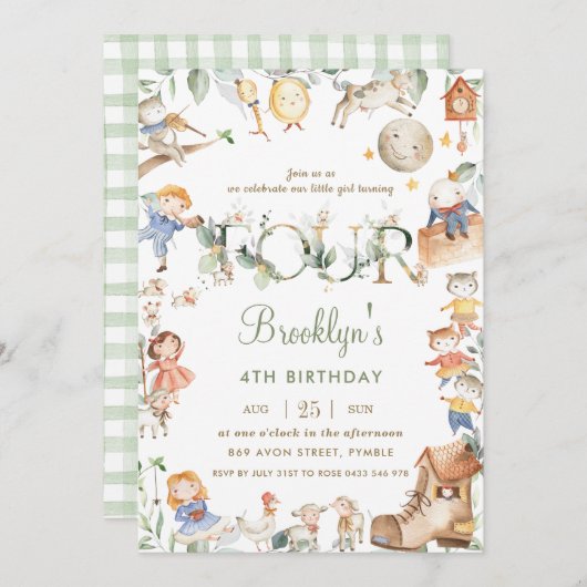 Chic Nursery Rhyme Greenery 4th Birthday Neutral Kaart (Voorkant / Achterkant)