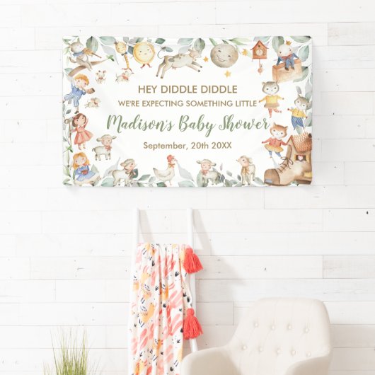 Chic Nursery Rhyme Greenery Baby shower Backdrop Spandoek (Insitu)