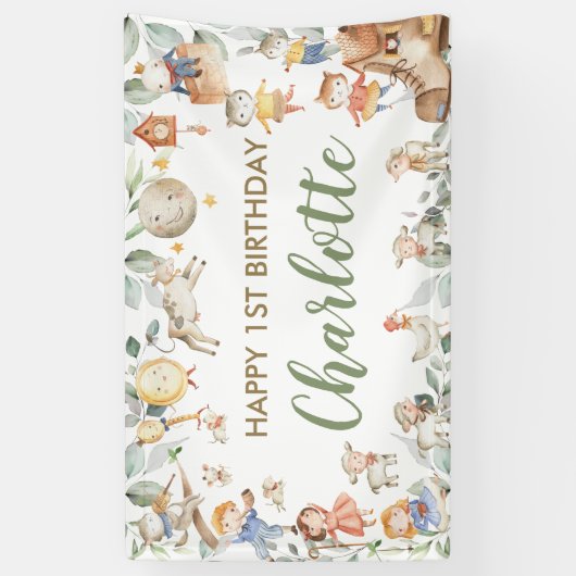 Chic Nursery Rhyme Greenery Birthday Backdrop Spandoek (Verticaal)