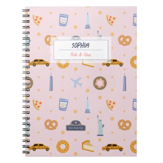 Chic NYC Pattern Roze Naam Spiral Notitieboek (Voorkant)