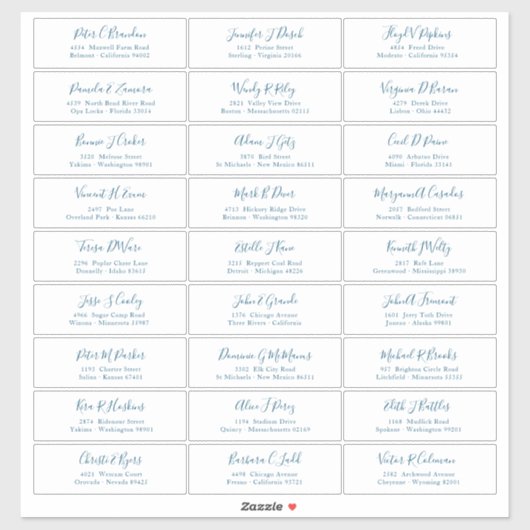 Chic Ocean Blue Script Gast Namen Adres Sticker (Vel)