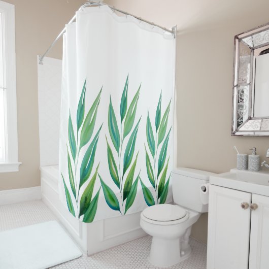 Chic Ocean Green Blue Planten Waterverf Douchegordijn (In situ)