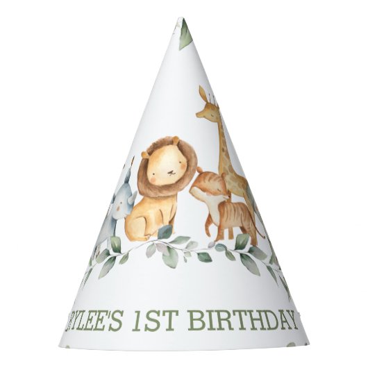 Chic Oerwoud Animals Greenery 1st Birthday Boy Gir Feesthoedjes (Voorkant)