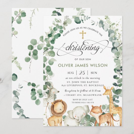 Chic Oerwoud Animals Greenery Christening Baptisme Kaart (Voorkant / Achterkant)