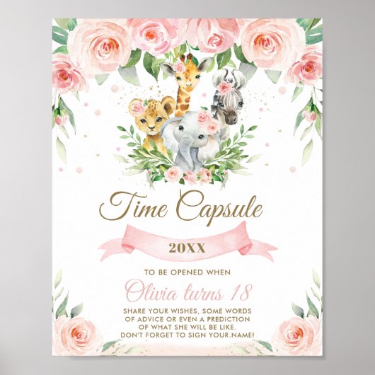Chic Oerwoud Animals Pink Floral Time Capsule Sign Poster (Voorkant)