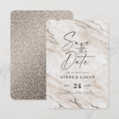 Chic Off-White Marble met Champagne Folie - Gegeve Save The Date (Voorkant / Achterkant)
