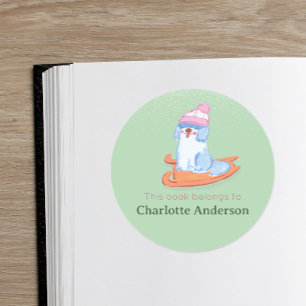 Chic Old English Sheepdog Sled Green Bookplate Ronde Sticker