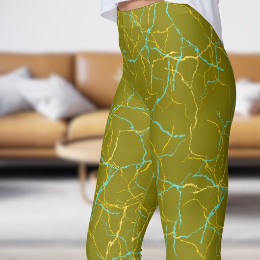 Chic Olijf en Blauw Geel Fractuur Patroon Leggings