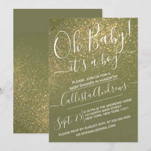 Chic Olive Green Sparkly Glitter Ombre Baby shower Kaart (Voorkant / Achterkant)