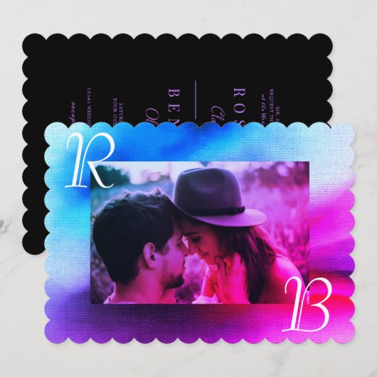 Chic Ombre Paars en Blue Photo Monogram Weddenscha Kaart (Voorkant / Achterkant)