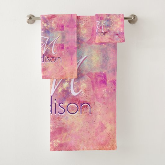 Chic ombre roos blush roze glitter monogram bad handdoek (Insitu)