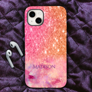 Chic ombre roos blush roze glitter monogram iPhone 15 case