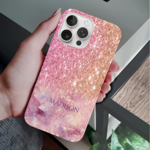 Chic ombre roos blush roze glitter monogram iPhone 16 pro hoesje