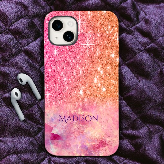 Chic ombre roos blush roze glitter monogram Case-Mate iPhone case