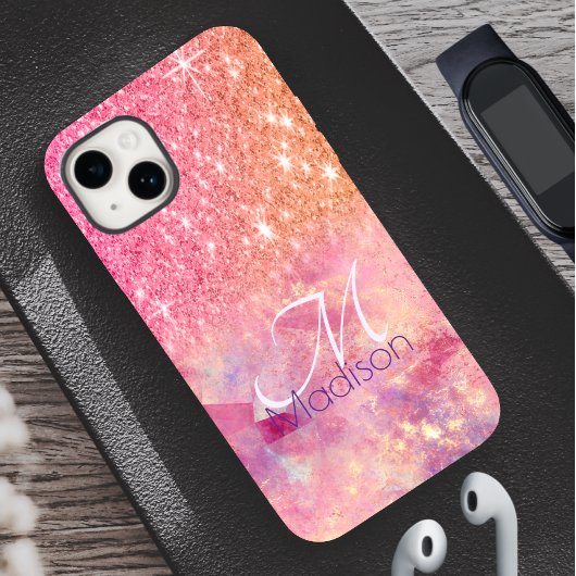 Chic ombre roos blush roze glitter monogram Case-Mate iPhone case