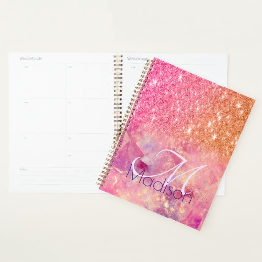 Chic ombre roos blush roze glitter monogram planner (Display)