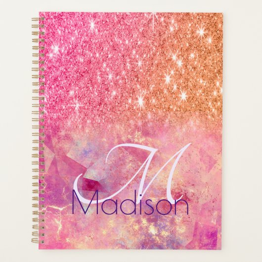 Chic ombre roos blush roze glitter monogram planner (Voorkant)
