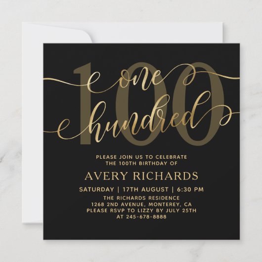 Chic One Hundred Schrift Black Gold 100ste verjaar Kaart (Voorkant)