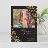Chic Orange Flourish Ornament Photo Wedding Save The Date (Staand voorkant)