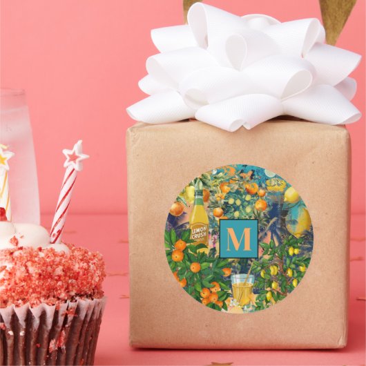 Chic oranje blauw turquoise Siciliaanse citrus col Ronde Sticker (Feest)