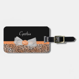 Chic Oranje Cheetah Print Cute Roos Bow and Name Bagagelabel