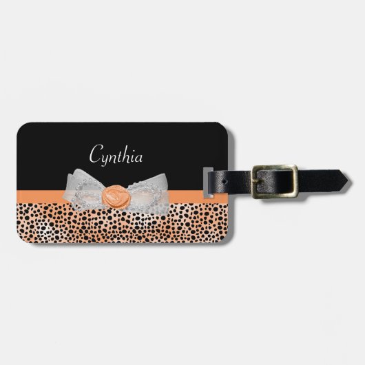 Chic Oranje Cheetah Print Cute Roos Bow and Name Bagagelabel (Voorkant horizontaal)