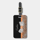 Chic Oranje Cheetah Print Cute Roos Bow and Name Bagagelabel (Voorkant verticaal)