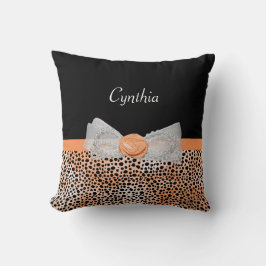 Chic Oranje Cheetah Print Cute Roos Bow and Name Kussen