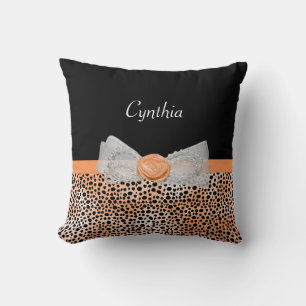 Chic Oranje Cheetah Print Cute Roos Bow and Name Kussen