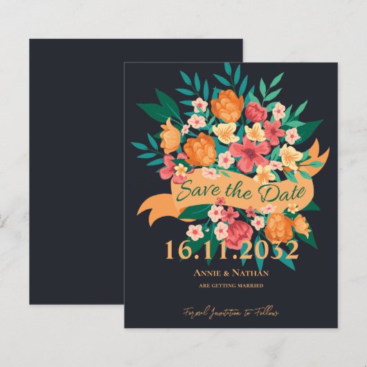 Chic Oranje Gele Bloemen Huwelijk Save the Date (Voorkant / Achterkant)