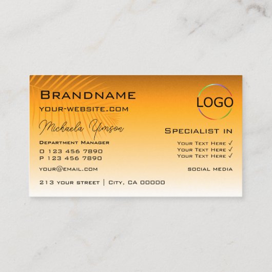 Chic Oranje Gradient Palm Leaf Monogram en Logo Visitekaartje (Achterkant)