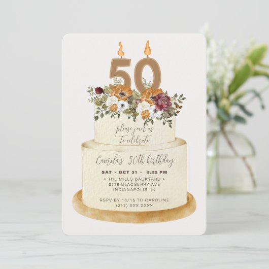 Chic Oranje Herfst herfst 50th Birthday Cake Kaart (Staand voorkant)