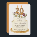 Chic Oranje Herfst herfst 70th Birthday Cake Kaart<br><div class="desc">Viel een vrouwelijke herfst 70e verjaardag met onze uitnodiging. Het ontwerp is voorzien van een bijtende taart, met najaarbloemen, bladeren en kaarsen met het nummer 70 voor de ultieme kikkerblik. Alle tekst is 100% aanpasbaar. Als je extra stukken nodig hebt voor dit collectie, neem dan contact met me op, graag...</div>