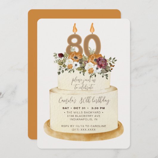 Chic Oranje Herfst najaar 80th Birthday Cake Kaart (Voorkant / Achterkant)