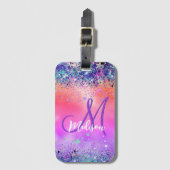 Chic oranje roze iridescent faux glitter monogram bagagelabel (Voorkant (verticaal))