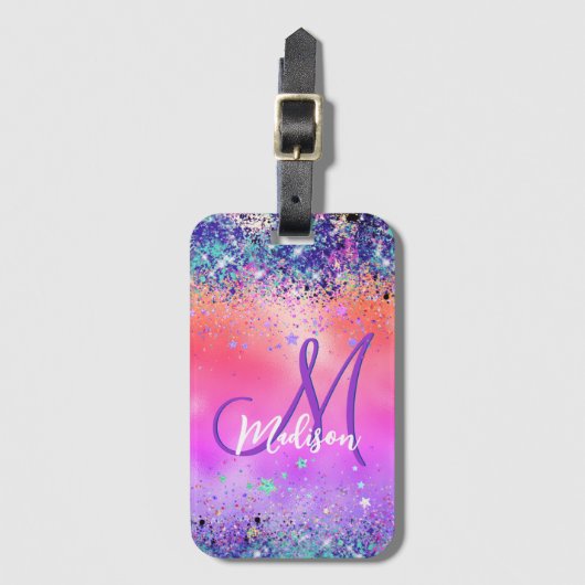 Chic oranje roze iridescent faux glitter monogram bagagelabel (Voorkant (verticaal))