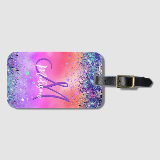 Chic oranje roze iridescent faux glitter monogram bagagelabel (Voorkant (horizontaal))