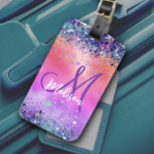Chic oranje roze iridescent faux glitter monogram bagagelabel