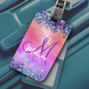 Chic oranje roze iridescent faux glitter monogram bagagelabel