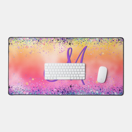 Chic oranje roze iridescent faux glitter monogram bureaumat (Keyboard & Muis)