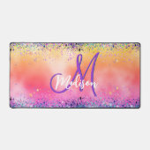 Chic oranje roze iridescent faux glitter monogram bureaumat (Voorkant)