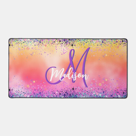 Chic oranje roze iridescent faux glitter monogram bureaumat (Voorkant)