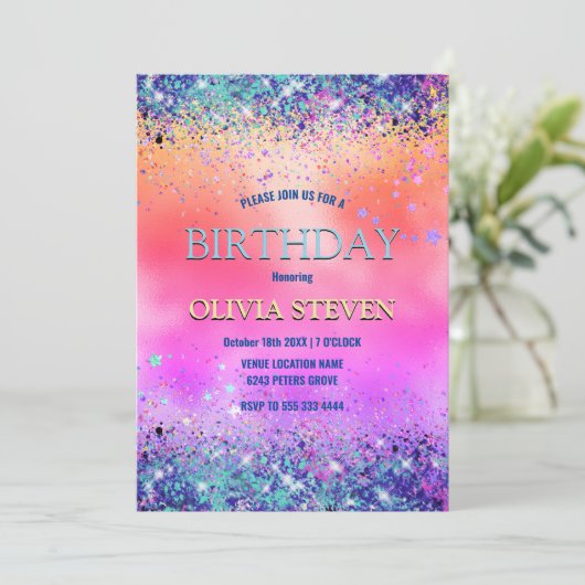 Chic oranje roze iridescent faux glitter monogram kaart (Staand voorkant)