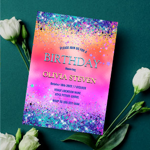 Chic oranje roze iridescent faux glitter monogram kaart