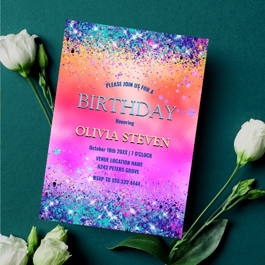 Chic oranje roze iridescent faux glitter monogram kaart