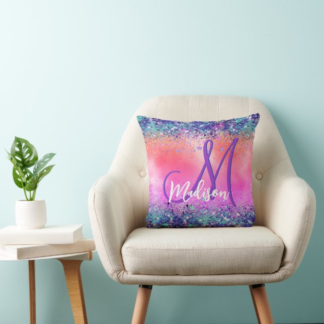 Chic oranje roze iridescent faux glitter monogram kussen (Stoel)
